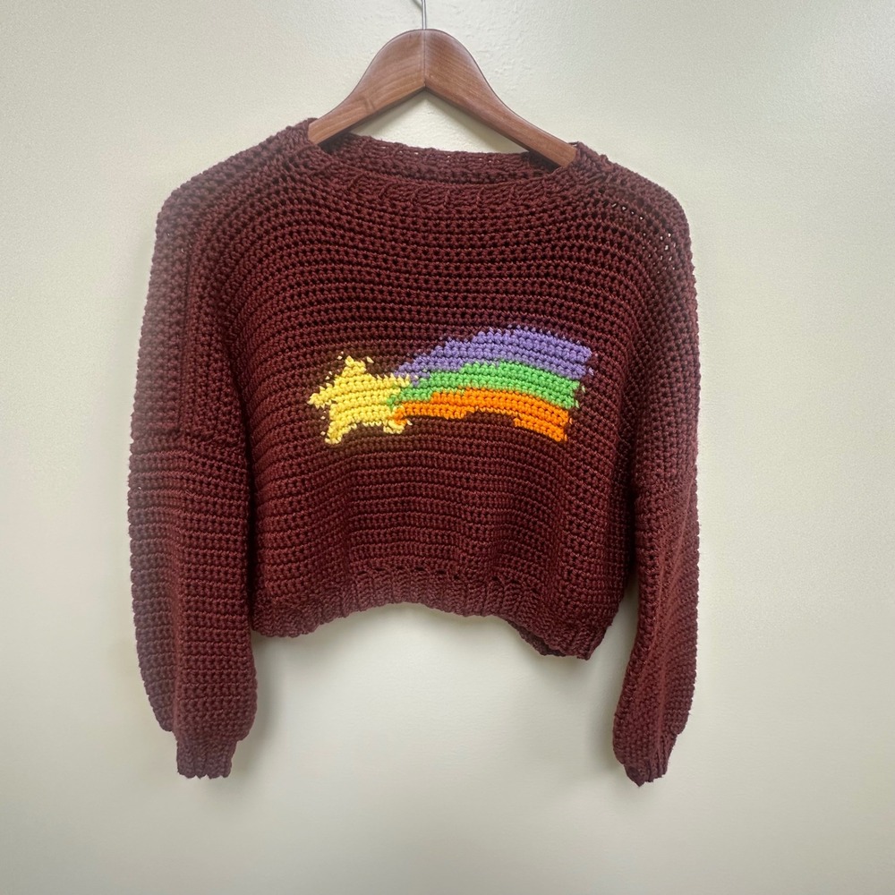 Hand Crocheted Burgundy Shooting Star Rainbow Sweater Crop Chunky Knit Burgundy